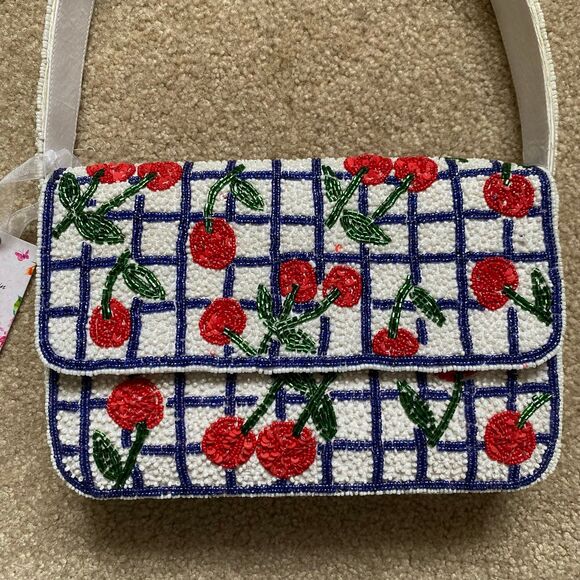 Viral Cherry Beaded Shoulder Bag NWT Navy White Red Green Summer Purse Vacation - Picture 2 of 12